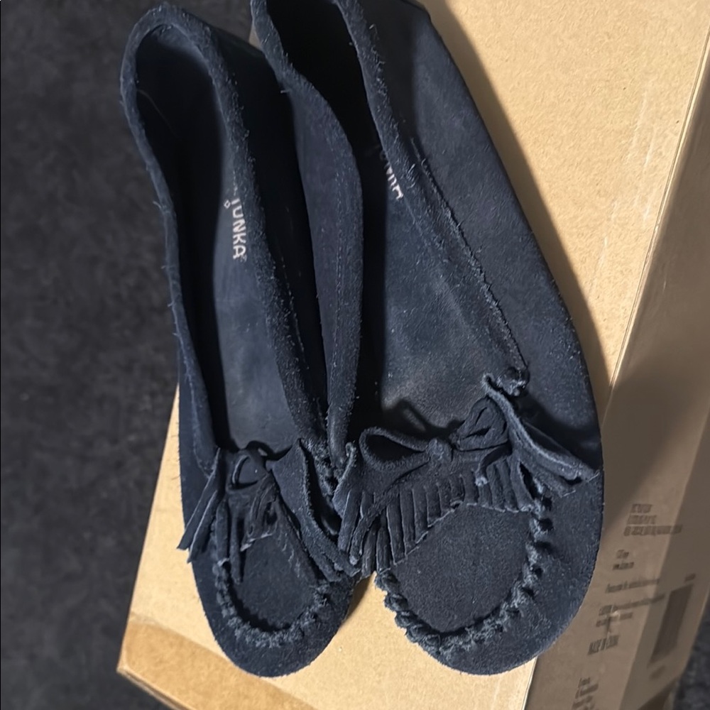 Minnetonka Dark Suede Fringe Moccasins